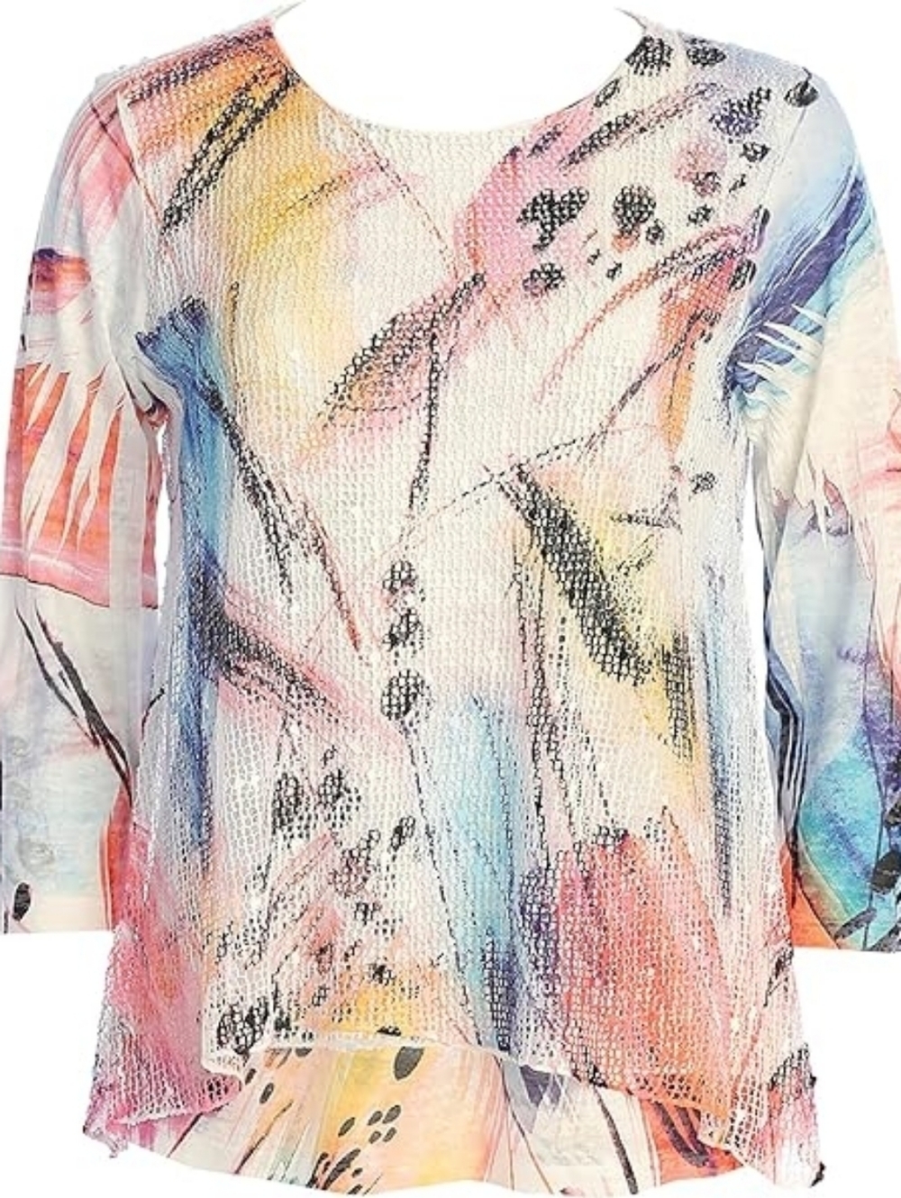 Jess & Jane Abstract Popover Colorful Lightweight 3/4 Sleeve Top M
